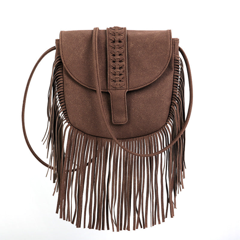 Wholesale Bohemian Covered Braided Half Circle Soft Leather Tassel Shoulder Crossbody Bag